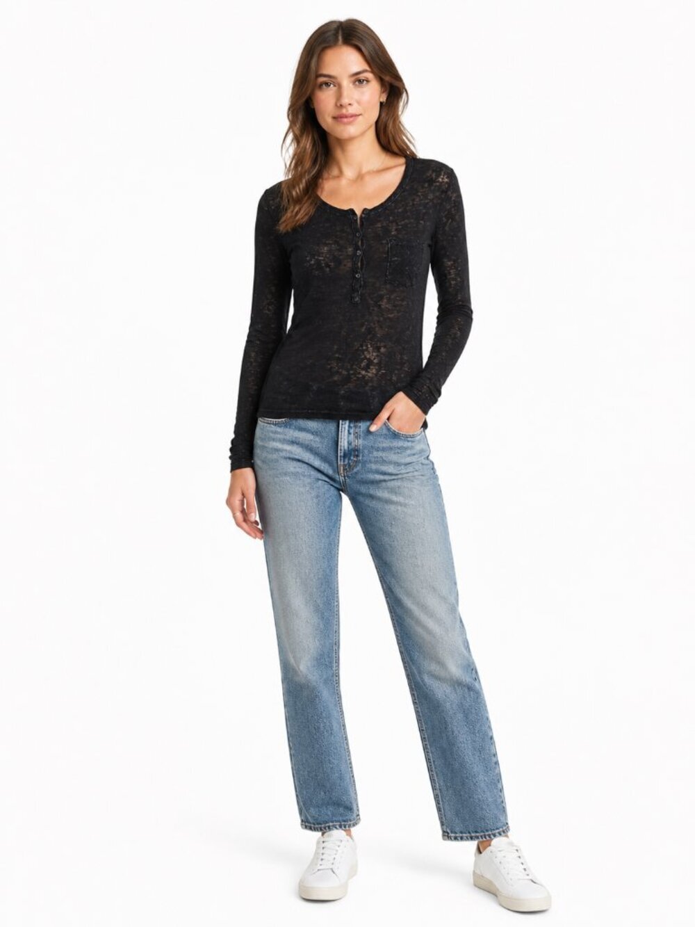Rails Ethan Henley Slub Long Sleeve Top Black Size S Relaxed Casual